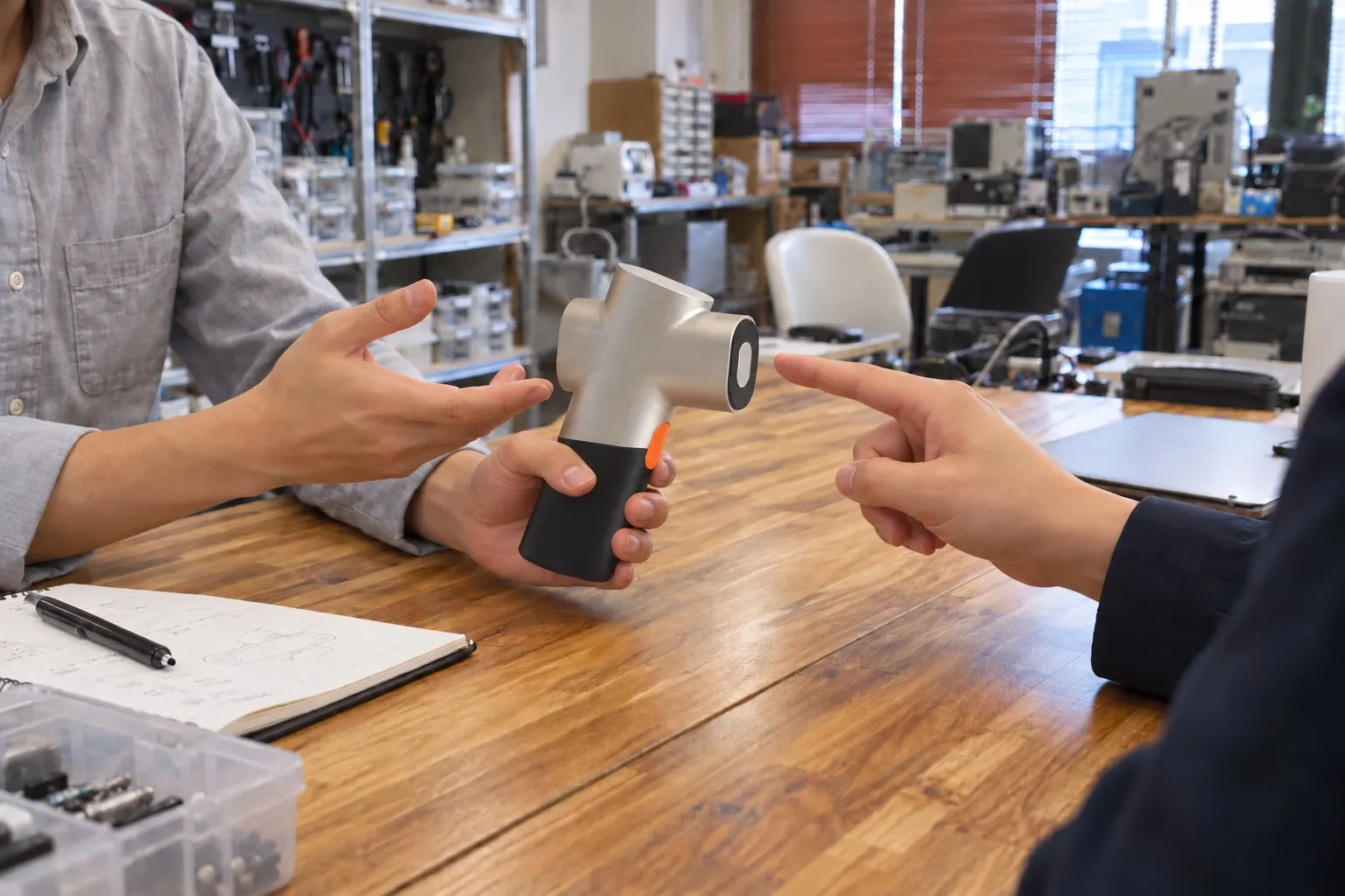 At a workbench, a researcher holds up a silver handheld prototype while the person across the table points at it to ask a question. Parts shelves and instruments are visible behind