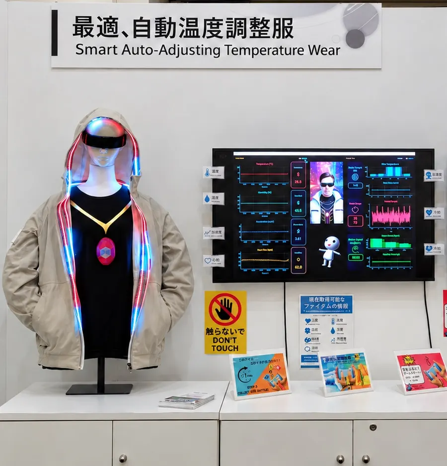The Expo booth: a mannequin wearing the auto-adjusting temperature wear, with a monitor beside it showing biological data