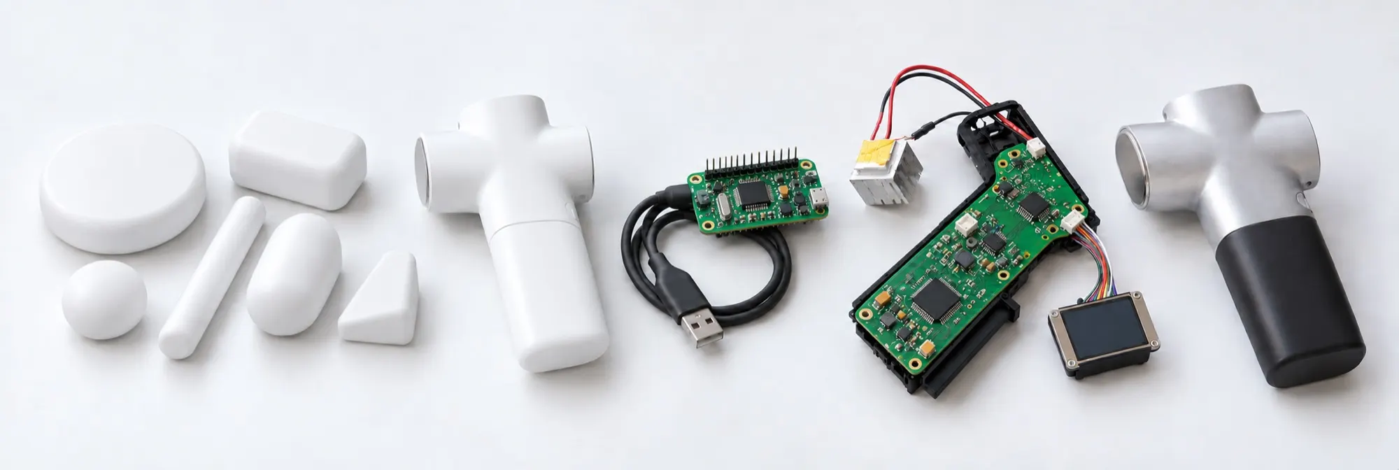 White mock-ups, a bare circuit board, a board in its case and a prototype with a metal housing, lined up from left to right, each closer to a finished product