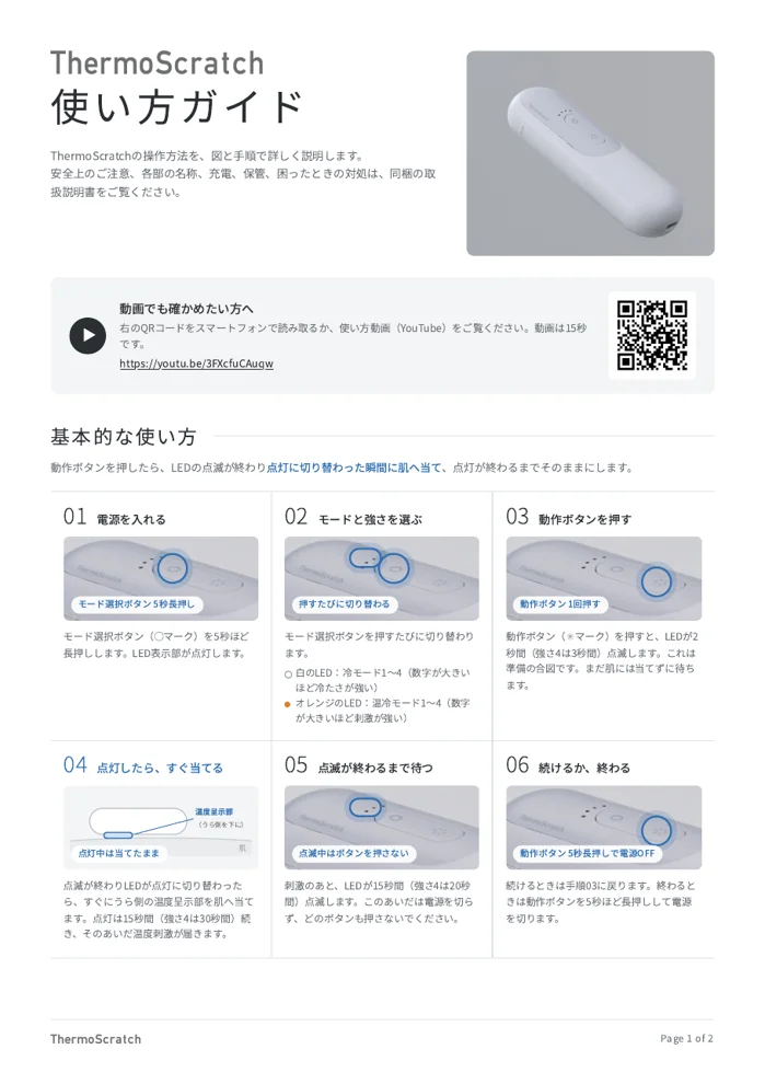 ThermoScratch 使い方ガイドの 1 ページ目。基本的な使い方が 6 つの手順で図解されている。